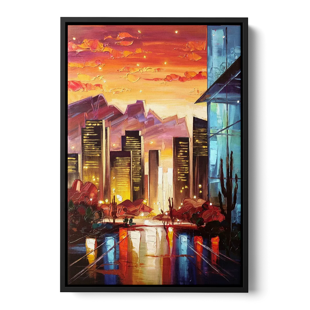 Phoenix Sunsets Over the City Front - Black Canvas Wall Art
