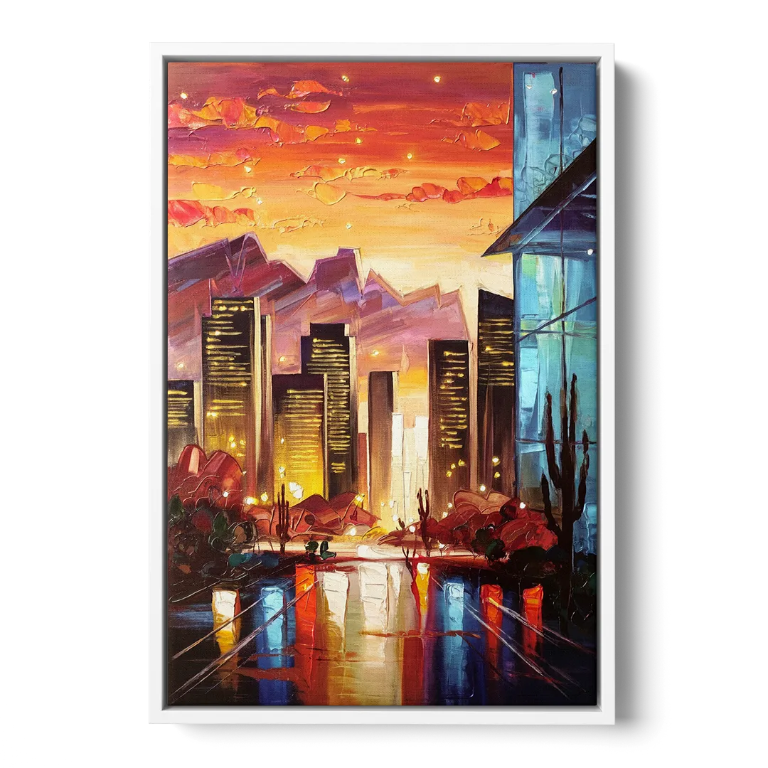 Phoenix Sunsets Over the City Front - White Canvas Wall Art