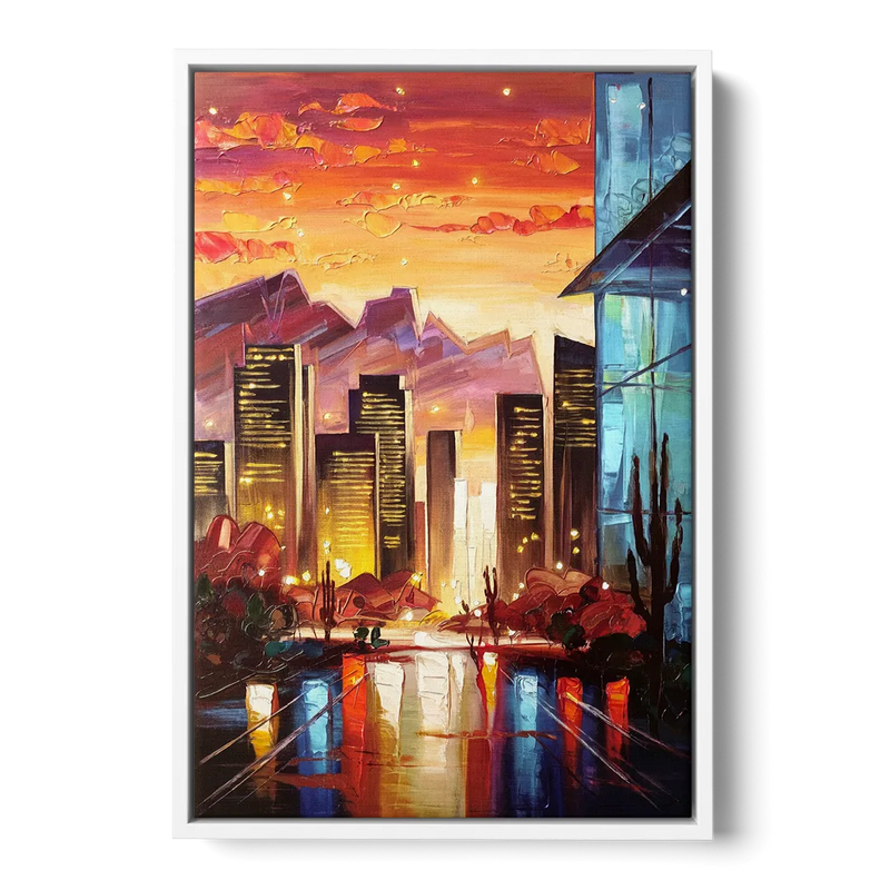 Phoenix Sunsets Over the City Front - White Canvas Wall Art