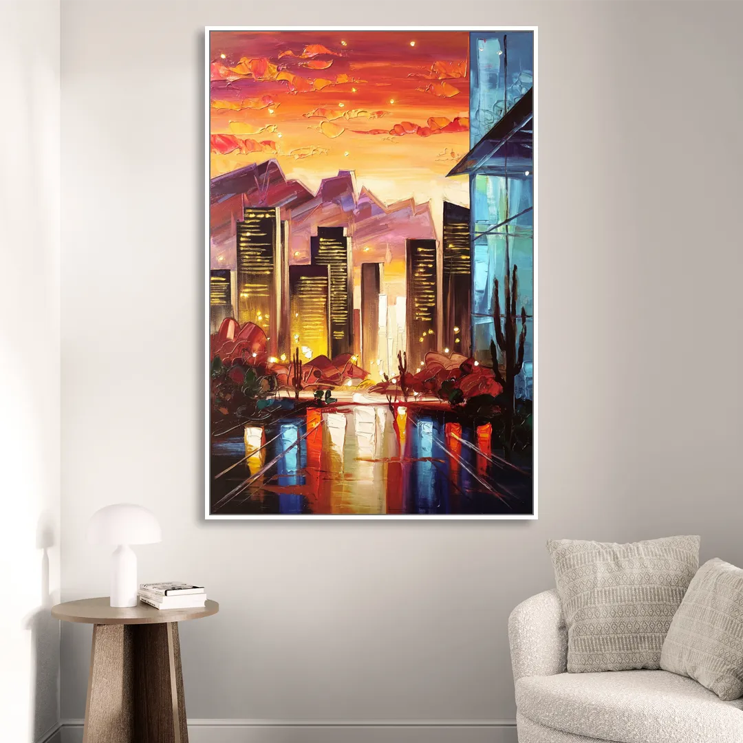 Phoenix Sunsets Over the City Sitting Room - White Canvas Wall Art