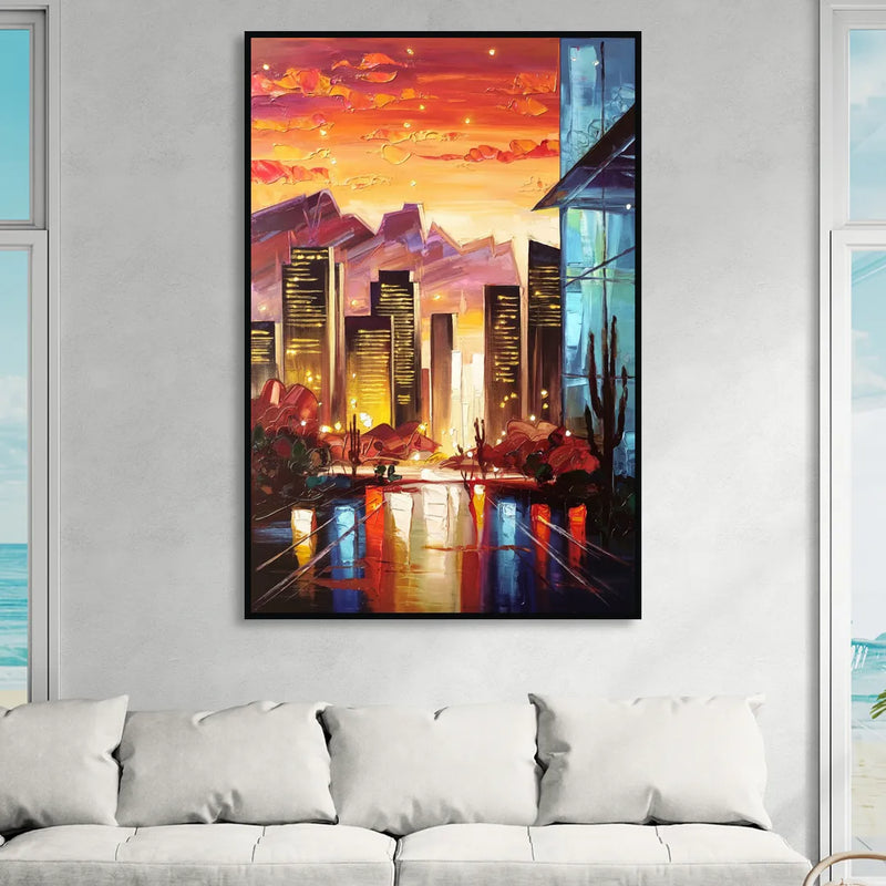 Phoenix Sunsets Over the City Living Room - Black Canvas Wall Art
