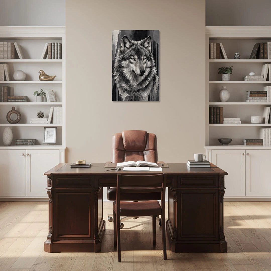 Piercing Gaze Black and White Wolf - Canvas Wall Art - Office - 24x36