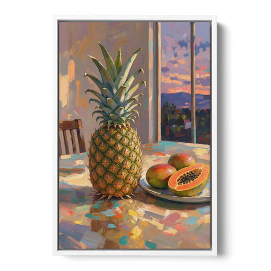 Pineapple and Papaya at Dusk for the Dining Room - White Framed Canvas Wall Art - Front