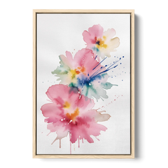 Pink Abstract Wall Art with Watercolor Blooms - Oak Framed Canvas Wall Art - Front