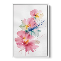 Pink Abstract Wall Art with Watercolor Blooms - White Framed Canvas Wall Art - Front