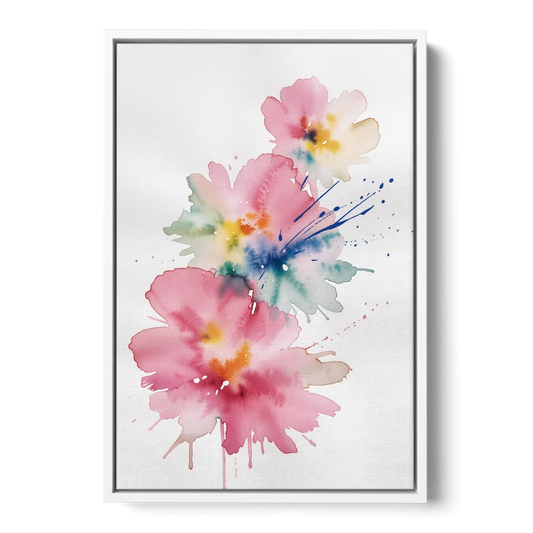 Pink Abstract Wall Art with Watercolor Blooms - White Framed Canvas Wall Art - Front