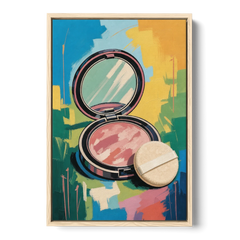 Pink Bathroom Wall Art with an Open Powder Compact - Oak Framed Canvas Wall Art - Front