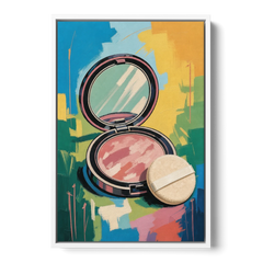 Pink Bathroom Wall Art with an Open Powder Compact - White Framed Canvas Wall Art - Front