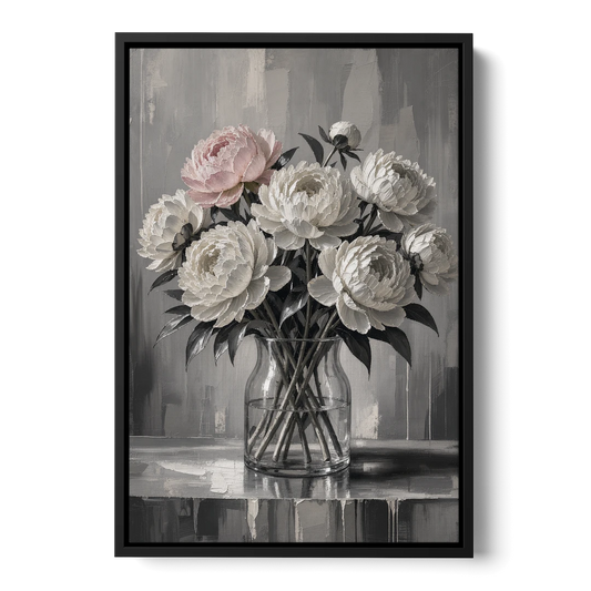 Pink Black and White Wall Art of Peonies - Black Framed Canvas Wall Art - Front