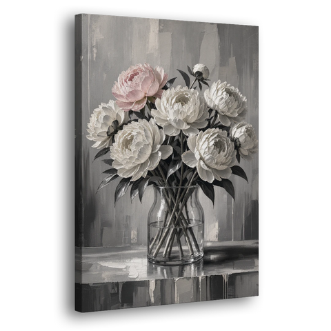 Pink Black and White Wall Art of Peonies - Canvas Wall Art - Side