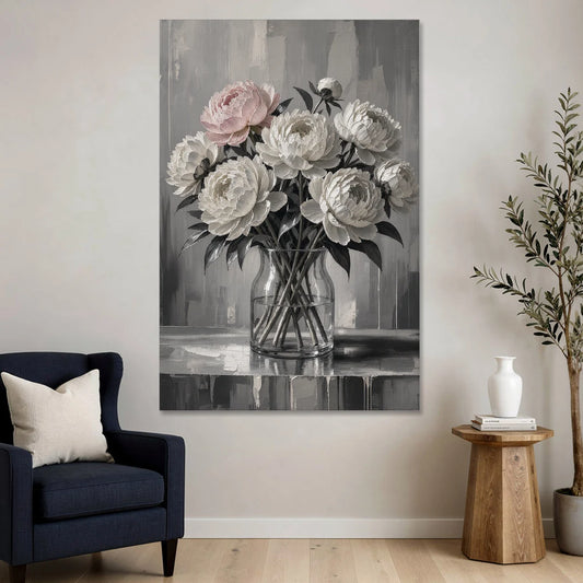 Pink Black and White Wall Art of Peonies - Canvas Wall Art - Sofa - 40x60