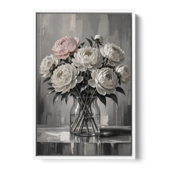 Pink Black and White Wall Art of Peonies - White Framed Canvas Wall Art - Front