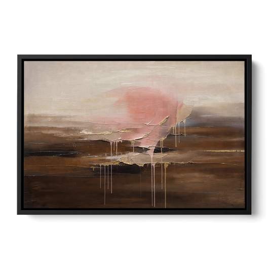 Pink Brown Wall Art with Blush Cloud and Gold Drips - Black Framed Canvas Wall Art - Front