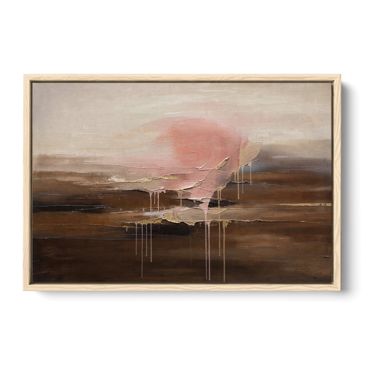 Pink Brown Wall Art with Blush Cloud and Gold Drips - Oak Framed Canvas Wall Art - Front