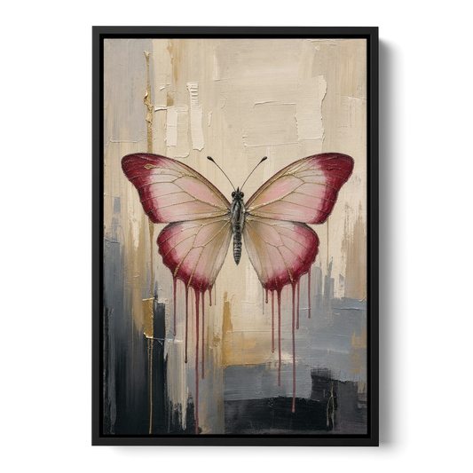 Pink Butterfly with Crimson Drips - Black Framed Canvas Wall Art - Front