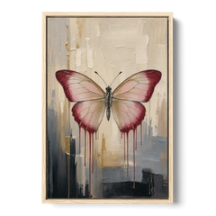 Pink Butterfly with Crimson Drips - Oak Framed Canvas Wall Art - Front