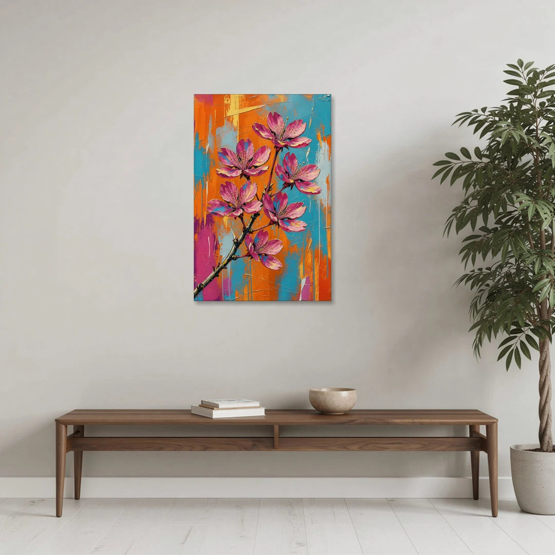 Pink Cherry Blossom Painting in Blazing Color - Canvas Wall Art - Coffee Table - 24x36
