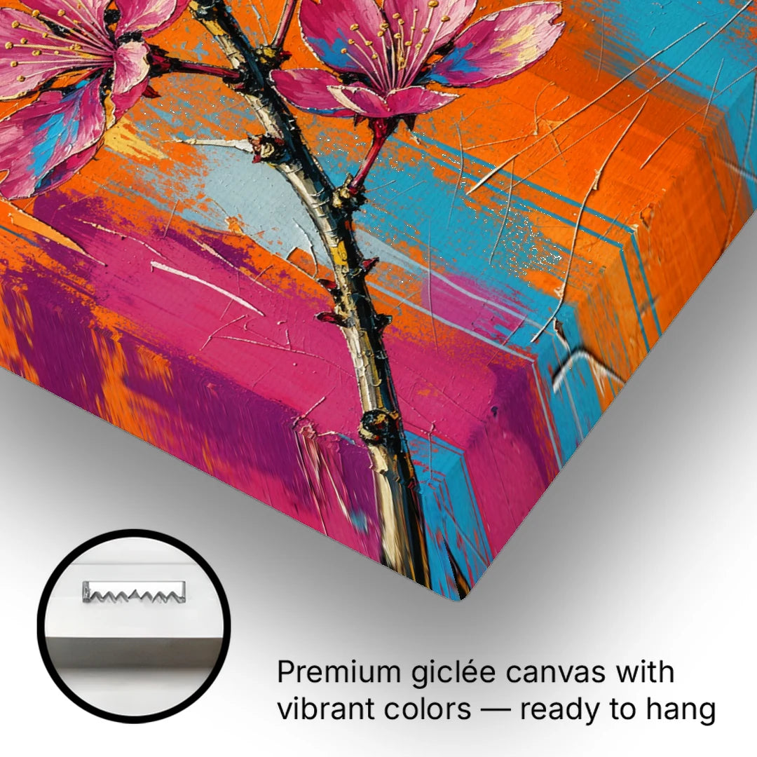 Pink Cherry Blossom Painting in Blazing Color - Canvas Wall Art - Gallery Wrap Corner