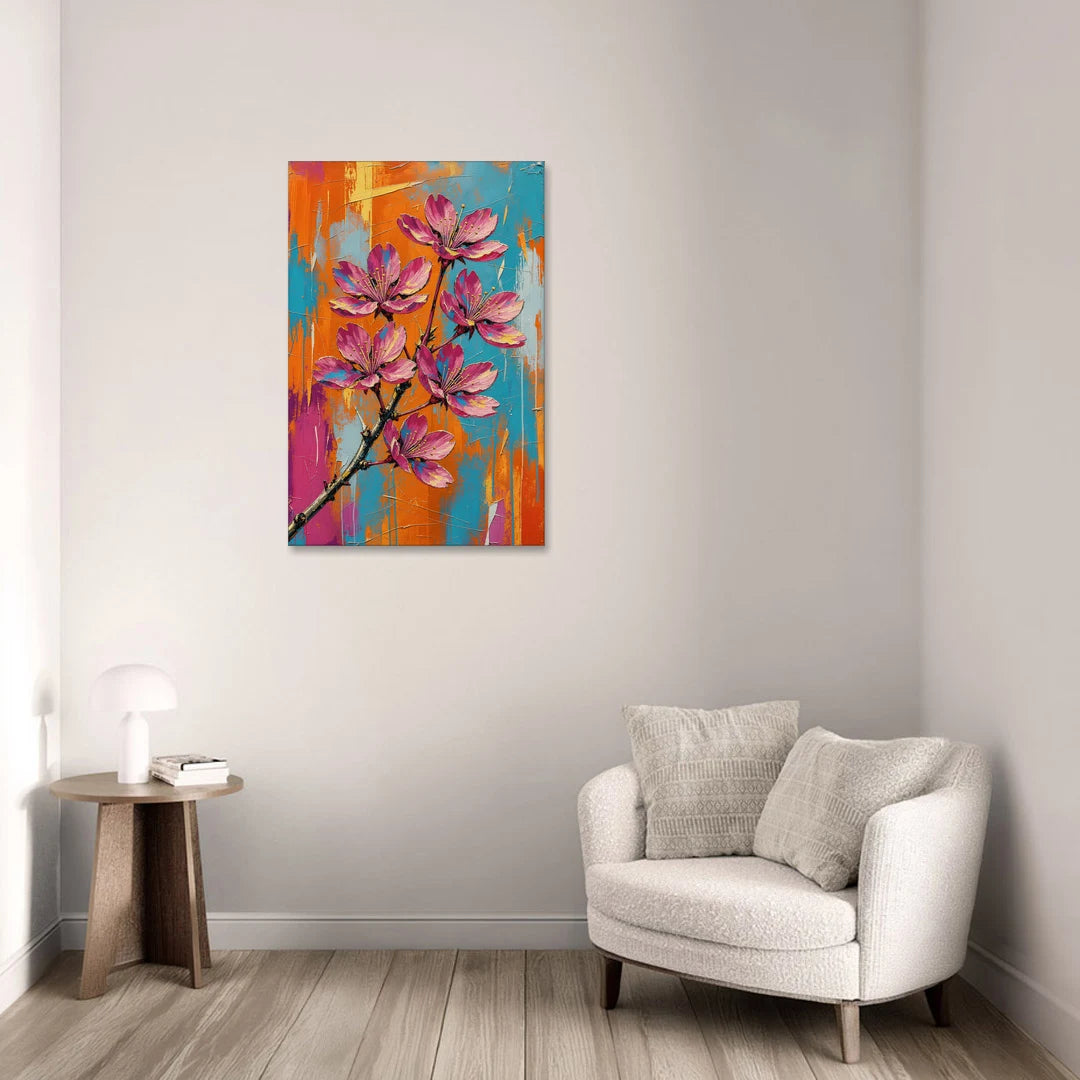 Pink Cherry Blossom Painting in Blazing Color - Canvas Wall Art - Sofa - 24x36