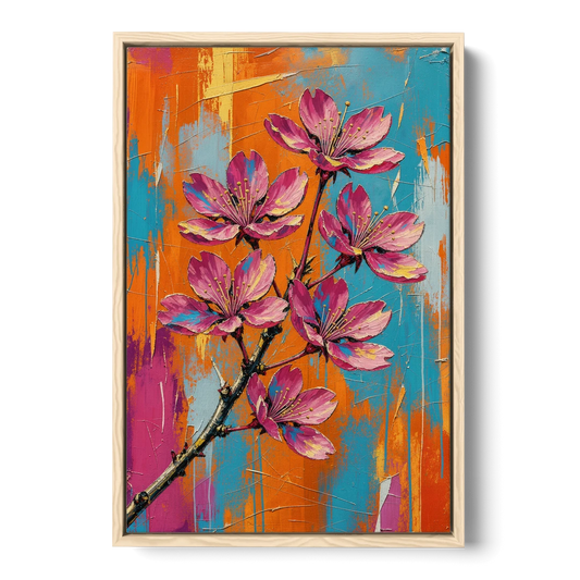 Pink Cherry Blossom Painting in Blazing Color - Oak Framed Canvas Wall Art - Front