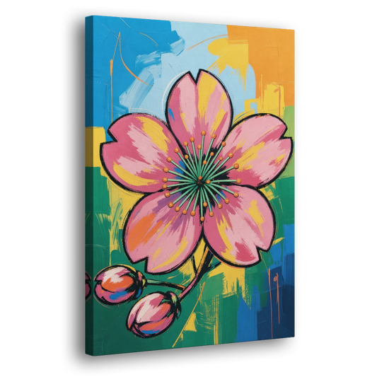 Pink Cherry Blossom with Color Blocks - Canvas Wall Art - Side