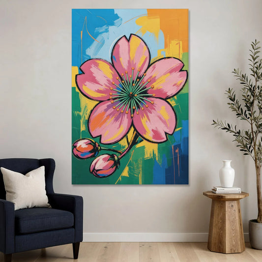 Pop Art Pink Cherry Blossom with Color Blocks - Canvas Wall Art - Sofa - 40x60
