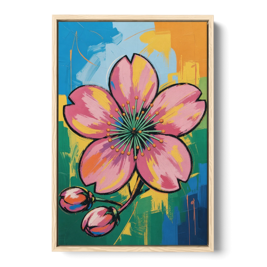 Pop Art Pink Cherry Blossom with Color Blocks - Oak Framed Canvas Wall Art - Front
