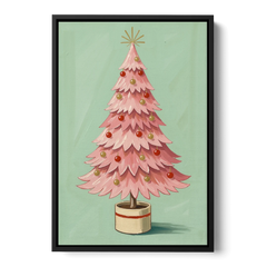 Pink Christmas Tree Painting in a Cream Drum Pot - Black Framed Canvas Wall Art - Front
