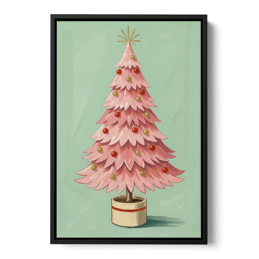 Pink Christmas Tree Painting in a Cream Drum Pot - Black Framed Canvas Wall Art - Front