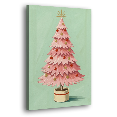 Pink Christmas Tree Painting in a Cream Drum Pot - Canvas Wall Art - Side