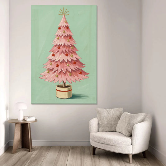 Pink Christmas Tree Painting in a Cream Drum Pot - Canvas Wall Art - Sofa - 40x60