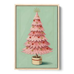Pink Christmas Tree Painting in a Cream Drum Pot - Oak Framed Canvas Wall Art - Front