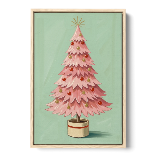 Pink Christmas Tree Painting in a Cream Drum Pot - Oak Framed Canvas Wall Art - Front