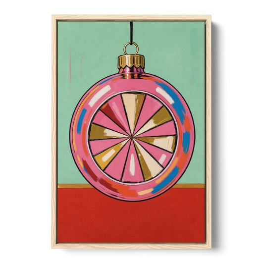 Pink Christmas Wall Art of a Glass Reflector Ornament - Oak Framed Canvas Wall Art - Front