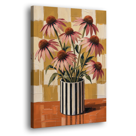 Pink Floral Wall Art of Striped Vase Coneflowers - Canvas Wall Art - Side