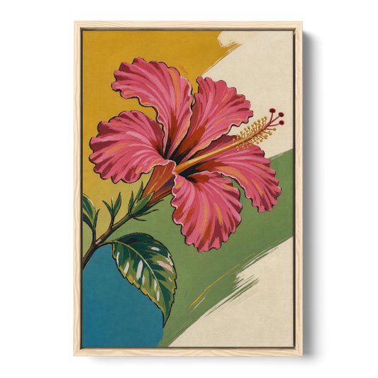 Pink Hibiscus with Long Reaching Stamen - Oak Framed Canvas Wall Art - Front