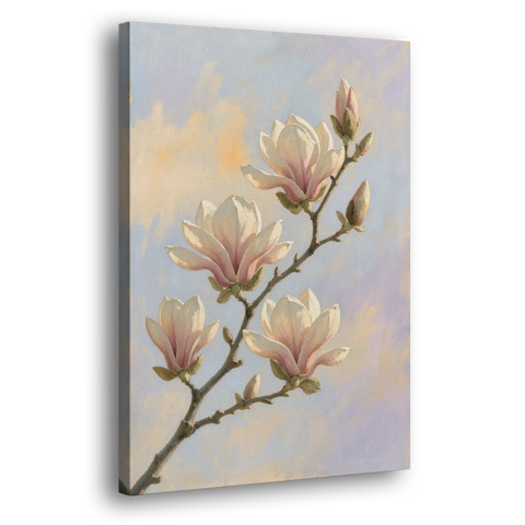 Pink Magnolia Flower Branch at Dawn - Canvas Wall Art - Side