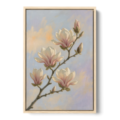 Pink Magnolia Flower Branch at Dawn - Oak Framed Canvas Wall Art - Front