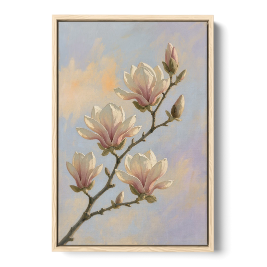 Pink Magnolia Flower Branch at Dawn - Oak Framed Canvas Wall Art - Front