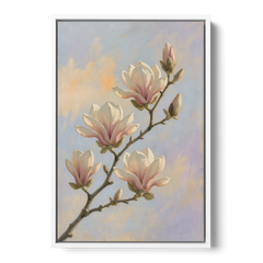 Pink Magnolia Flower Branch at Dawn - White Framed Canvas Wall Art - Front