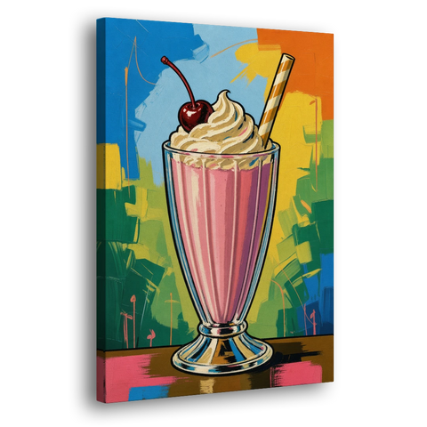 Pink Milkshake with a Cherry and Striped Straw - Canvas Wall Art - Side