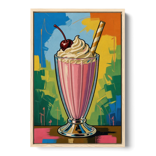 Pink Milkshake with a Cherry and Striped Straw - Oak Framed Canvas Wall Art - Front