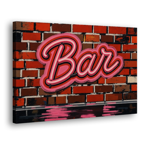 Pink Neon Bar Sign on Red Brick Wall - Canvas Wall Art - Side