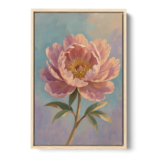 Pink Peony Painting in Sunset Light - Oak Framed Canvas Wall Art - Front