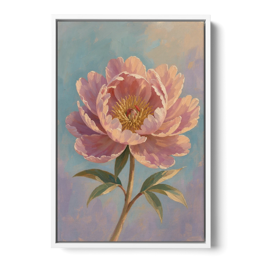 Pink Peony Painting in Sunset Light - White Framed Canvas Wall Art - Front