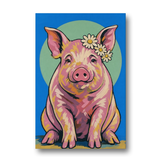 Pink Pig with a Slipping Daisy Crown - Canvas Wall Art - Front