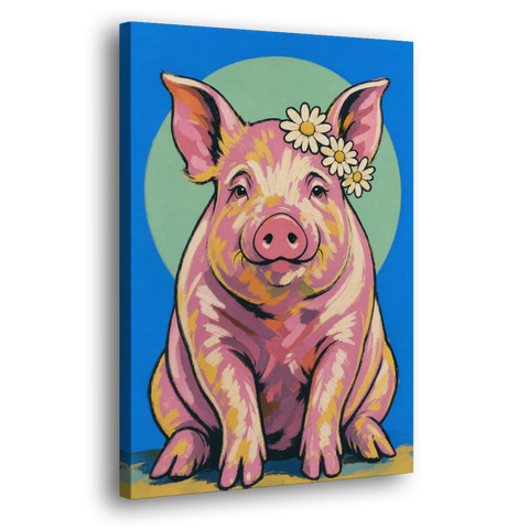 Pink Pig with a Slipping Daisy Crown - Canvas Wall Art - Side