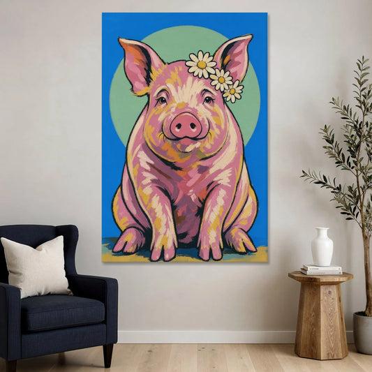 Pink Pig with a Slipping Daisy Crown - Canvas Wall Art - Sofa - 40x60