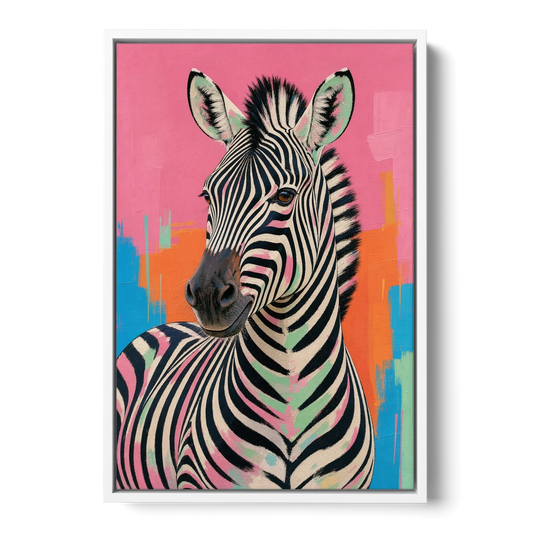 Pink Zebra Sideways Glance in Pop Art - White Framed Canvas Wall Art - Front