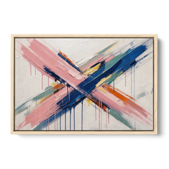 Pink and Blue Abstract Painting Crossed in Cobalt - Oak Framed Canvas Wall Art - Front